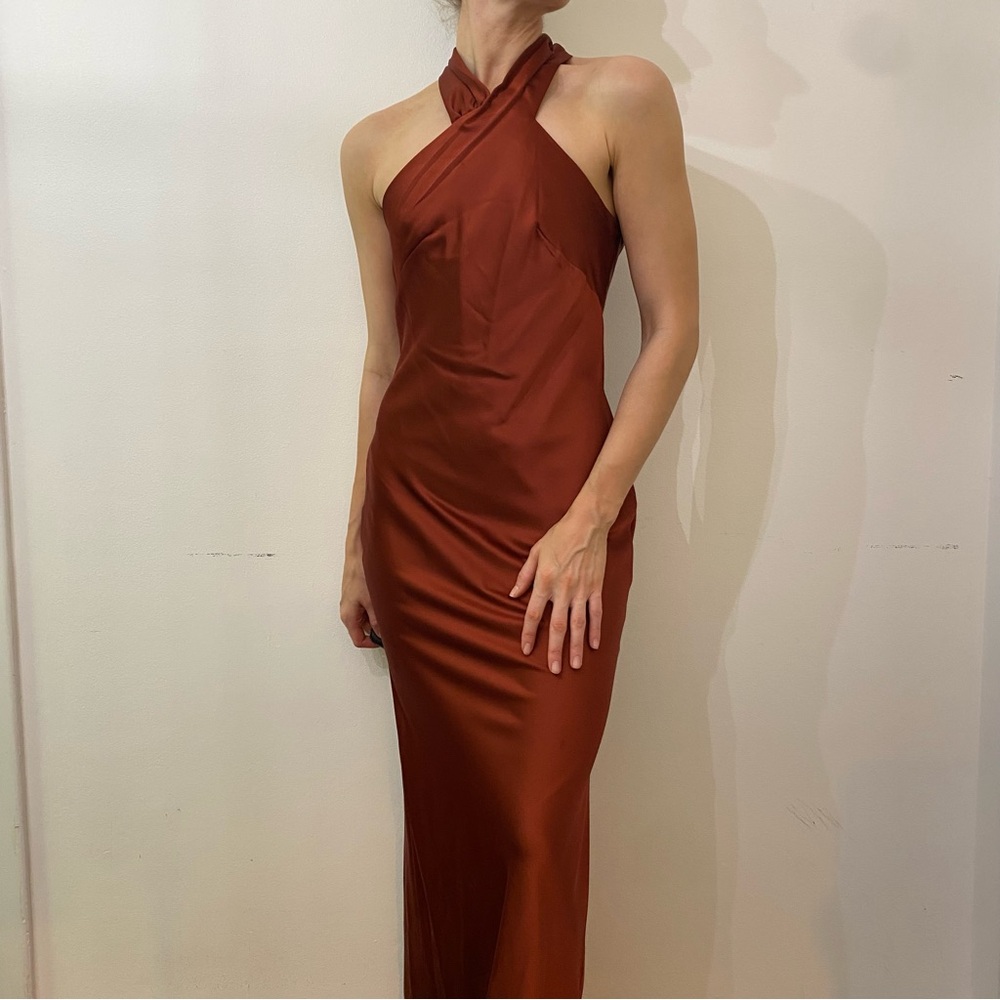 Draped Twist Halter Tie Open Back Trumpet Gown | Xs
